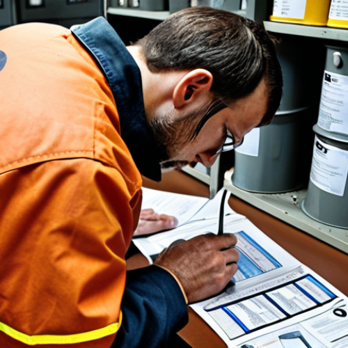 Home 4 **Prompt 1: Understanding Chemical Hazards**
"A highly detailed, realistic image of an industrial worker or engineer in a professional setting, intently studying an open Safety Data Sheet (SDS) document. Around them, various chemical containers are visible, clearly displaying international GHS pictograms like a flame, skull and crossbones, and corrosive symbols. The scene emphasizes deep understanding and active interpretation of chemical hazards, with a serious and focused atmosphere. Good lighting, industrial environment, sharp focus on the worker and documents."