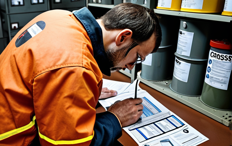 **Prompt 1: Understanding Chemical Hazards**
    "A highly detailed, realistic image of an industrial worker or engineer in a professional setting, intently studying an open Safety Data Sheet (SDS) document. Around them, various chemical containers are visible, clearly displaying international GHS pictograms like a flame, skull and crossbones, and corrosive symbols. The scene emphasizes deep understanding and active interpretation of chemical hazards, with a serious and focused atmosphere. Good lighting, industrial environment, sharp focus on the worker and documents."