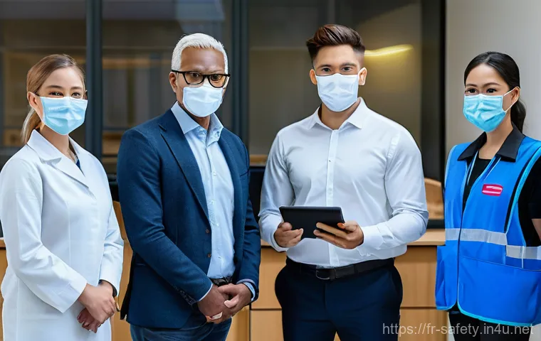 안전보건 경영시스템 도입 사례 - **Prompt 1: Collaborative Workplace Safety Training**
"A diverse group of five professionals, me...