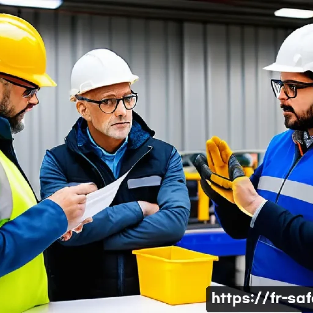 안전관리 직무 면접 질문과 답변 - A modern industrial workplace safety training session in France, featuring a diverse group of adult ...