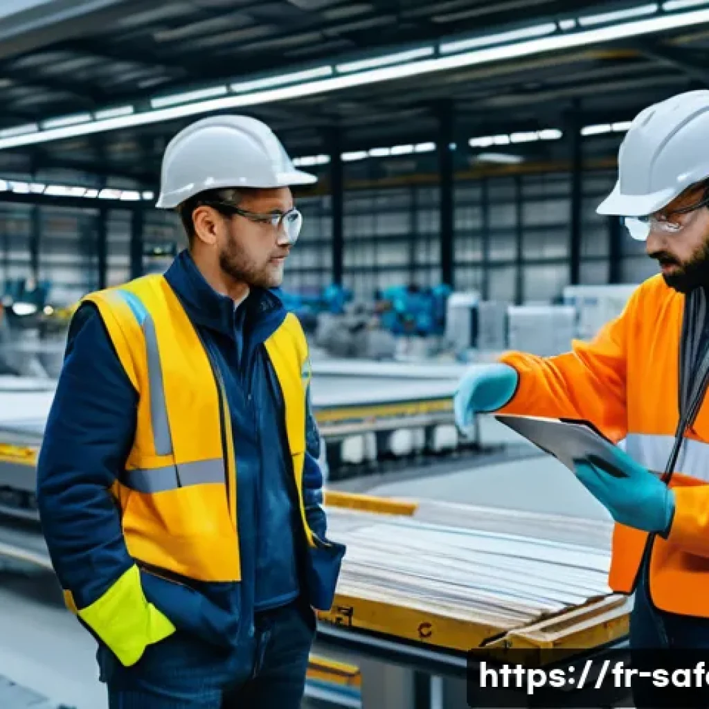 위험성 평가 작성법 - A detailed professional workplace risk assessment scene in a modern French factory, showing diverse ...