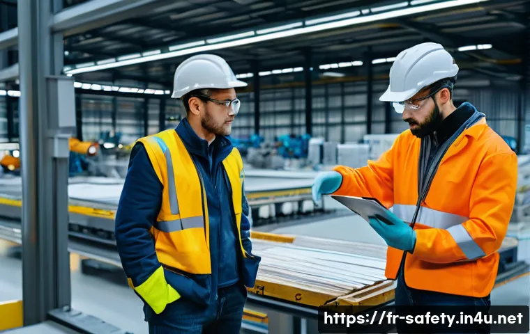 위험성 평가 작성법 - A detailed professional workplace risk assessment scene in a modern French factory, showing diverse ...