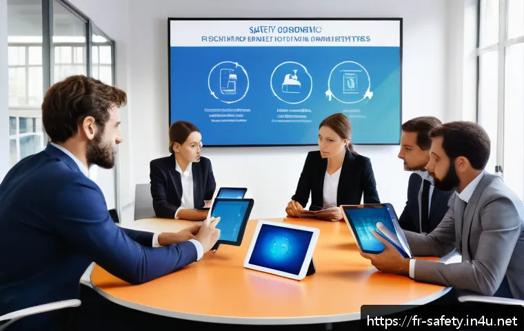 산업안전보건법 주요 변경사항 - A modern French office environment showing diverse employees actively participating in a dynamic wor...