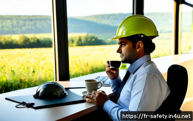 Home 17 안전관리자의 멘탈 관리 요령 - Photorealistic French workplace safety manager in a quiet office near a modern industrial site, taki...