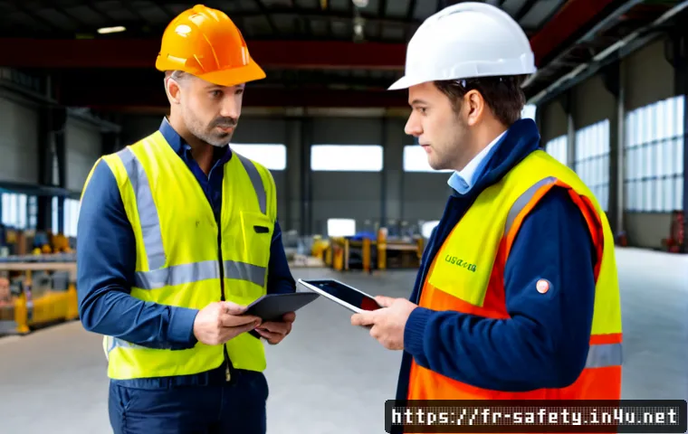 안전관리 직무에서의 외국어 활용 - Photorealistic workplace safety inspection at a modern French industrial facility, a safety manager ...